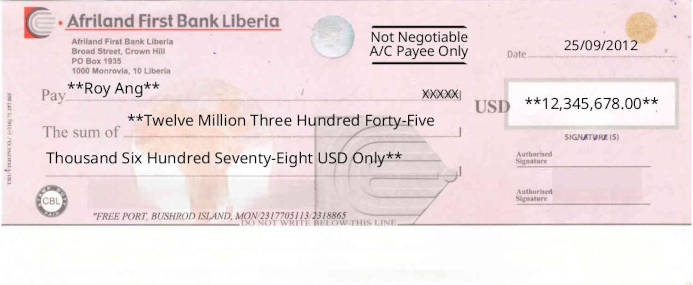 Free Online Check Writer for Afriland First Bank (USD) in Liberia