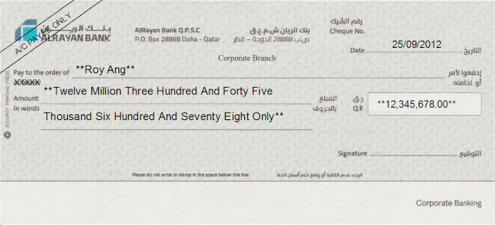 Printed Cheque of AlRayan Bank in Qatar Printed Cheque of AlRayan Bank in Qatar