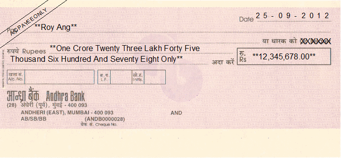 Printed Cheque of Andhra Bank India Printed Cheque of Andhra Bank India