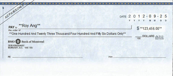 Printed Cheque of Bank of Montreal (BMO) in Canada