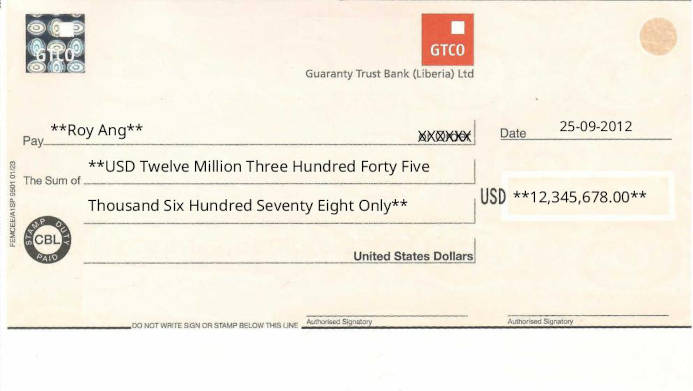 Free Online Check Writer for GTCO - Guaranty Trust Bank (USD) in Liberia