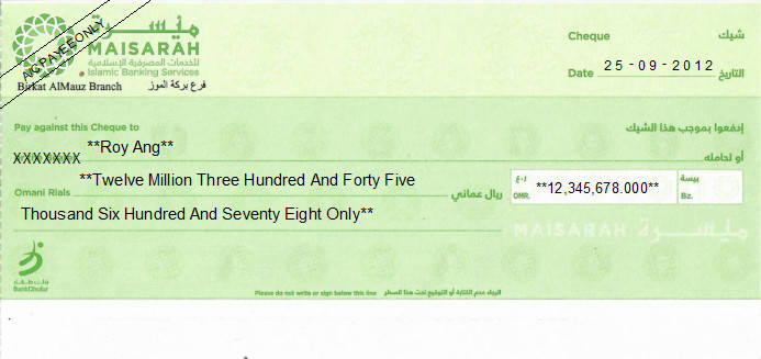 Printed Cheque of Maisarah Islamic Banking Services in Oman Printed Cheque of Maisarah Islamic Banking Services in Oman