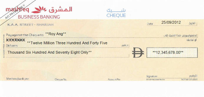 Printed Cheque of Mashreq Business Banking in UAE