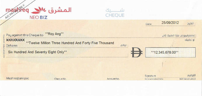 Printed Cheque of Mashreq Bank (NEO BIZ) in UAE