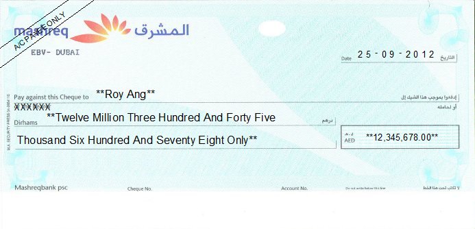 Printed Cheque of Mashreq Bank UAE