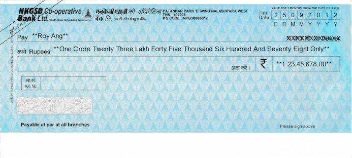 Printed Cheque of NKGSB Co-operative Bank in India
