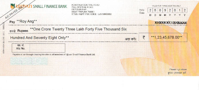 Printed Cheque of Ujjivan Small Finance Bank in India Printed Cheque of Ujjivan Small Finance Bank in India